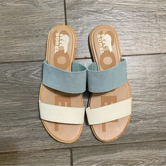 Women's Sorel 8.5 Ella II Slide Crushed Blue/Chalk Leather - Picture 2 of 5